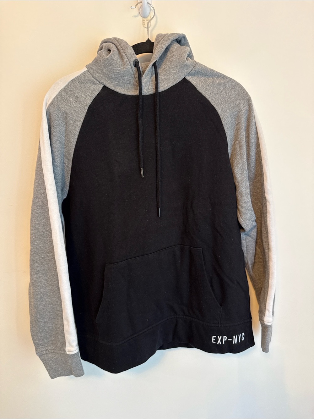 Express Black and Gray Hooded Raglan Sweatshirt with White Stripe